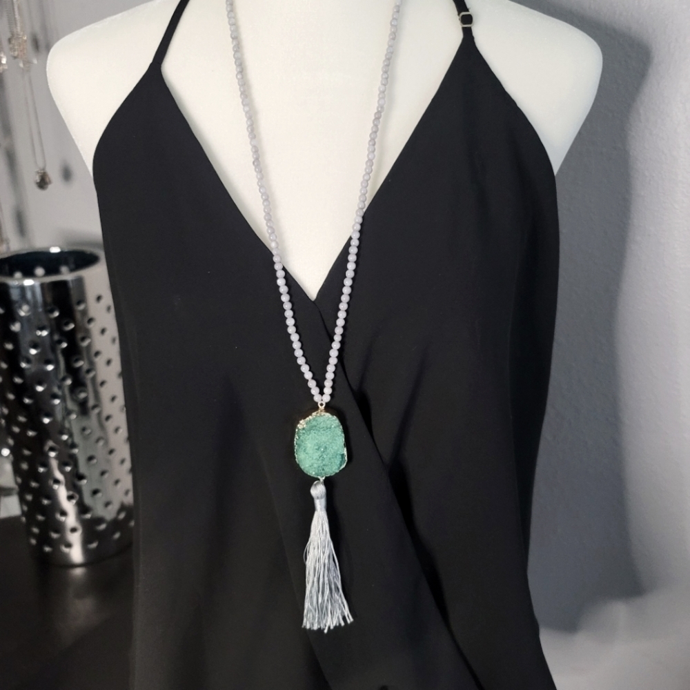 Gray Beaded Tassel Necklace with Shimmery Green Stone